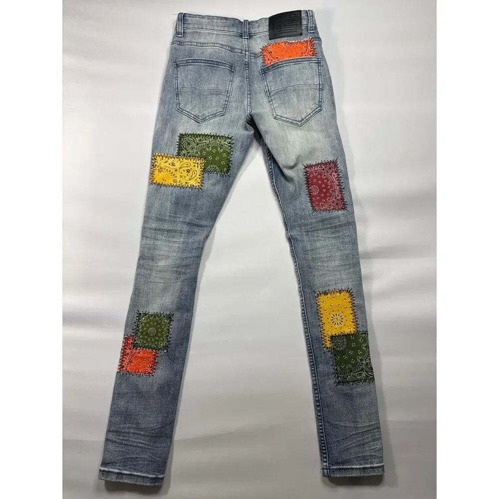 Serenede‎ Men's Patchwork Skinny Blue Denim Jeans - Size 28 (27x32)